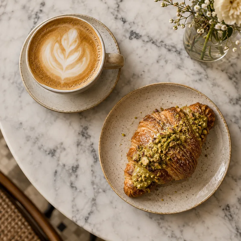 Sample food content: coffee and croissant flatlay