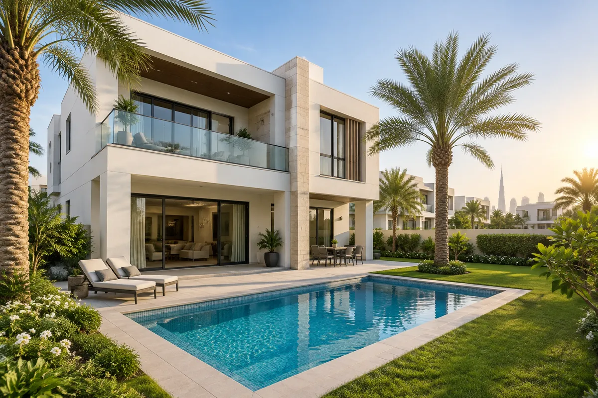 Sample villa exterior with pool in a Dubai community